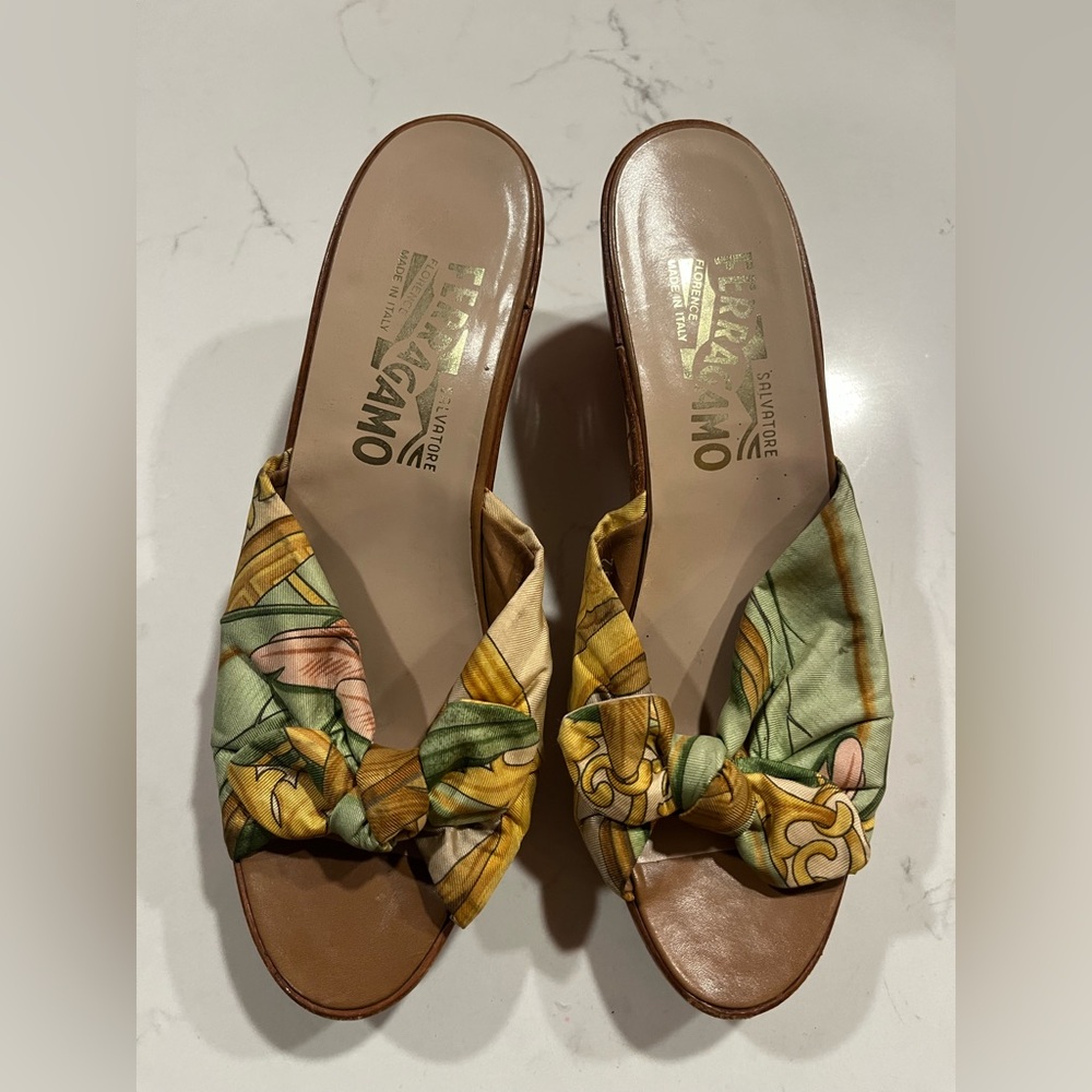 Salvatore Ferragamo Multicolor Silk Knot Wedge Slides - Green, Yellow, Brown